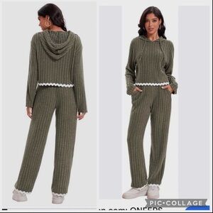 NEW ONFERS LOUNGEWEAR RIBBED KNIT HOODIE & WIDE LEG PANTS RICK RACK TRIM